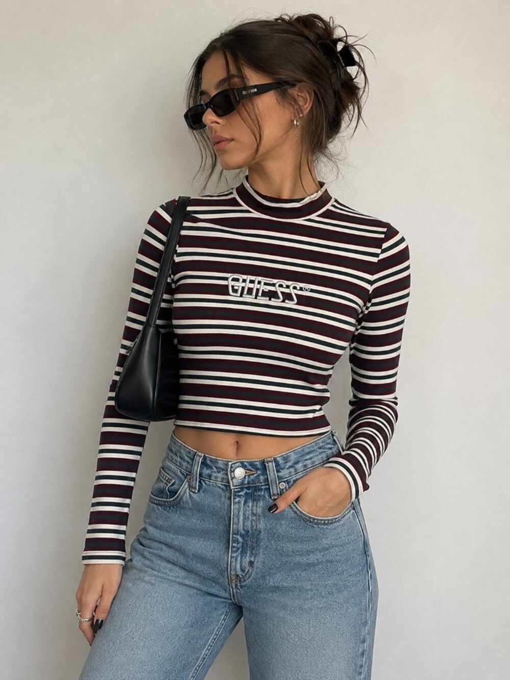 GUESS Originals 1981 Crop Mock Neck Top S Y2K Striped Grunge Indie Coquette